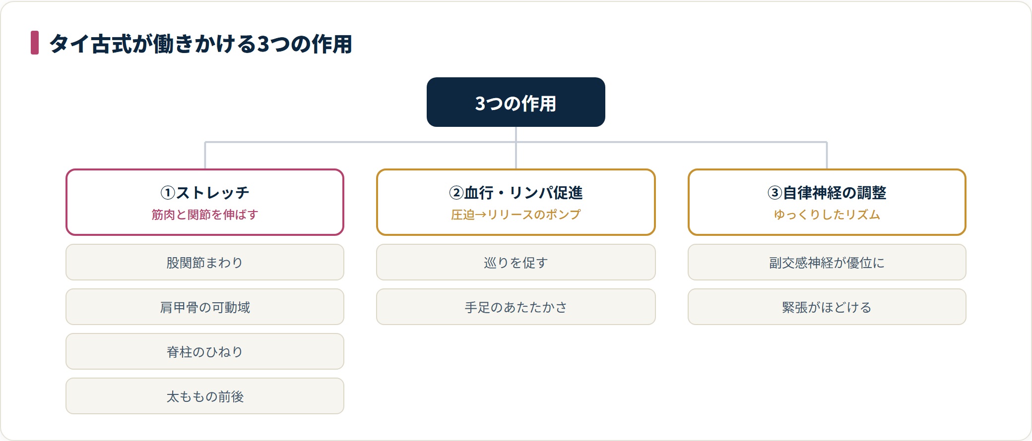 タイ古式マッサージの3つの作用と働きかける内容を分類したツリー図。
