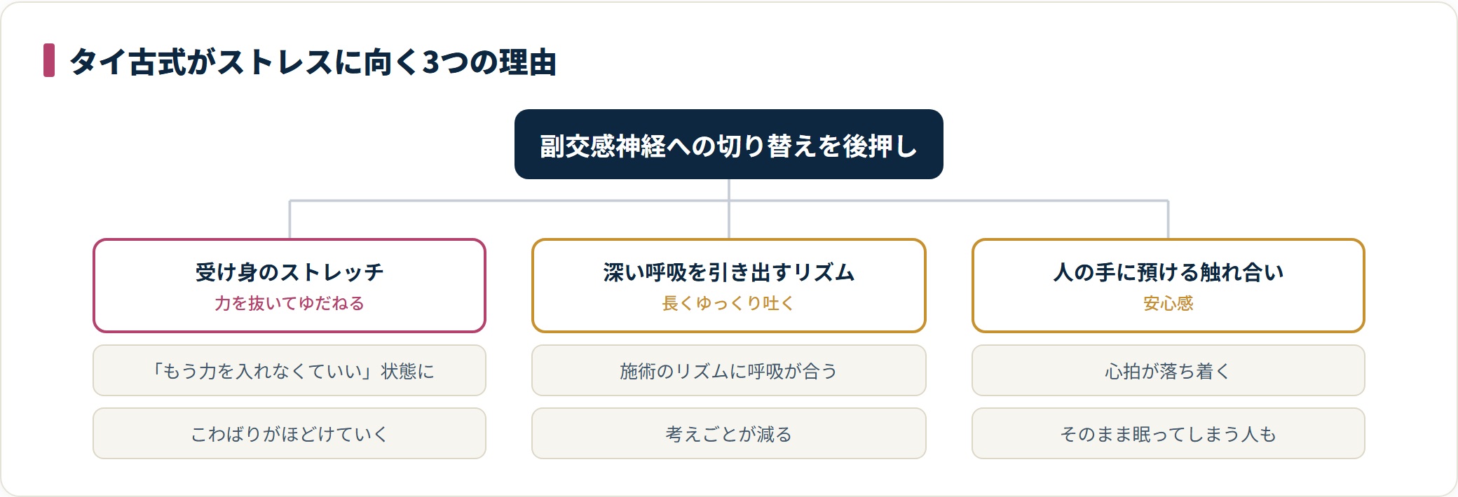 受け身のストレッチ、深い呼吸を引き出すリズム、人の手に預ける触れ合いの3つが副交感神経への切り替えを後押しする図。